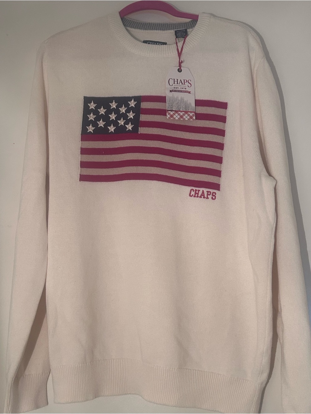 Chaps Cream Crewneck Sweater with Flag Motif in Navy and Burgundy